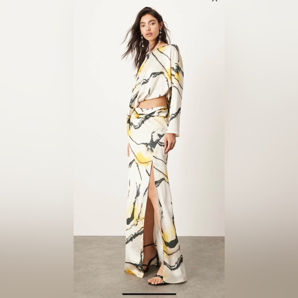 NWT ASOS EDITION Satin Dress Size 4 drape cut out waist maxi in marble print